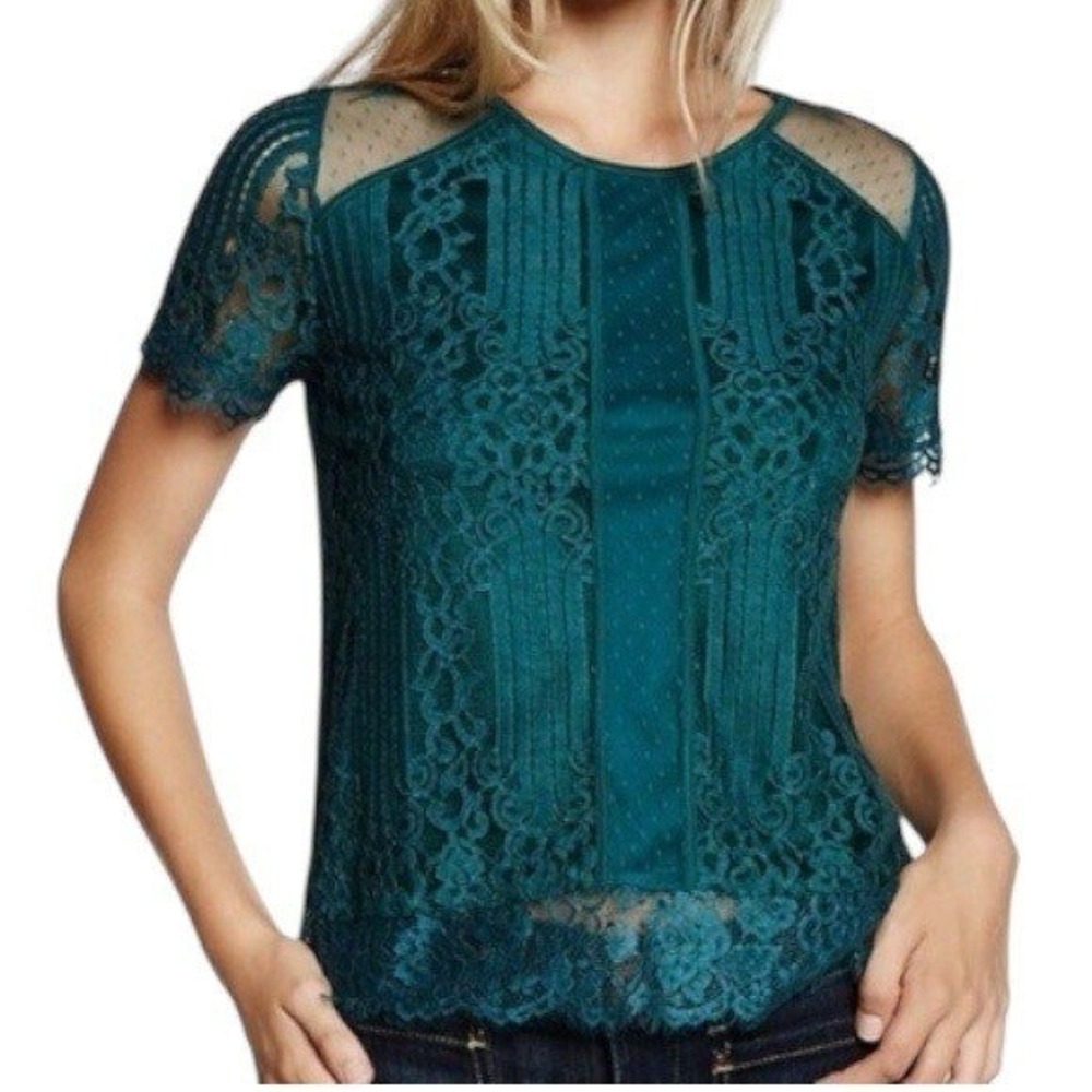 EXPRESS Emerald Green Lace Eyelash Fringe S/S Keyhole Top NWOT Size Small